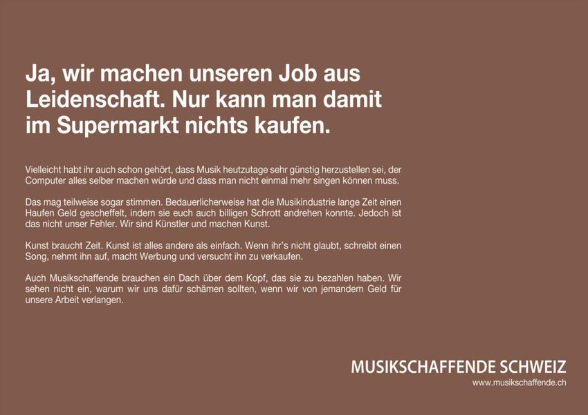 Die Schweizer Musikschaffenden unterstellen den Konsumenten pauschal, nur musikalischen Schrott gekauft zu haben. Ob das der richtige Weg ist?